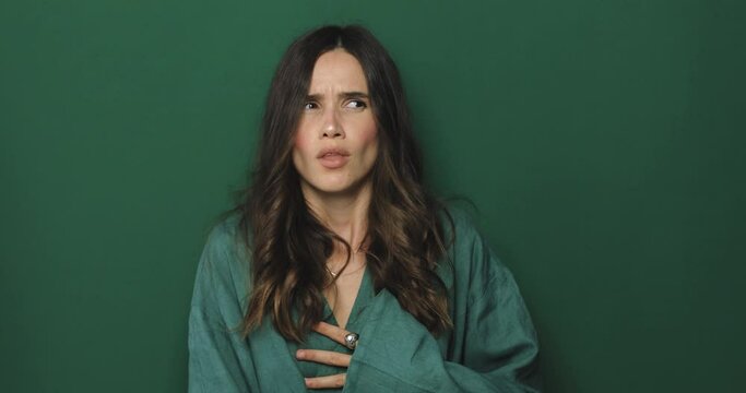 Close up stressed woman make breath practice exercises, make her mental state at peace free from anxiety and angry, reducing getting rid of negative emotions, search inner harmony and balance concept.