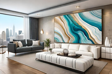 Marble abstract acrylic painting in the interior of the room. Marbling artwork texture.