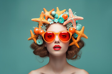 portrait of a redhead young woman with sunglasses and starfishes in her hair. Summer, fun, salon concept. AI generative, illustration