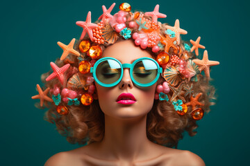 portrait of a redhead young woman with sunglasses and starfishes in her hair. Summer, fun, salon concept. AI generative, illustration