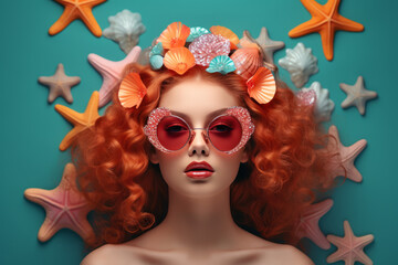 portrait of a redhead young woman with sunglasses and starfishes in her hair. Summer, fun, salon concept. AI generative, illustration