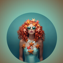 portrait of a redhead young woman with sunglasses and starfishes in her hair. Summer, fun, salon concept. AI generative, illustration