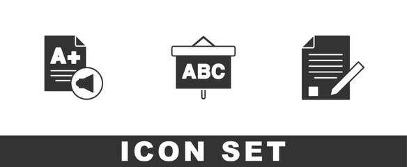 Set Exam sheet with A plus grade, Chalkboard and and pencil icon. Vector