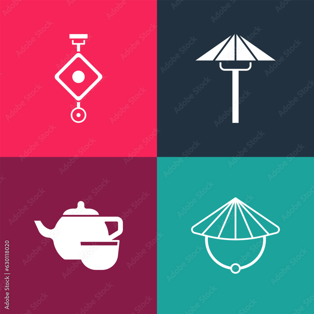 Canvas Prints set pop art chinese conical straw hat, tea ceremony, japanese umbrella from the sun and paper lanter