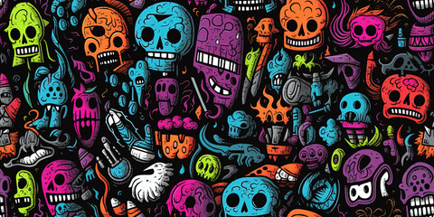 Halloween doodle monsters background - seamless pattern tile