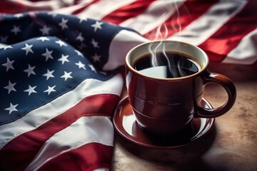 Coffee mug on american flag background,