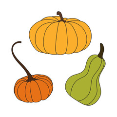 A set of three isolated yellow, green, orange pumpkins on white background for icons, apps, webs
