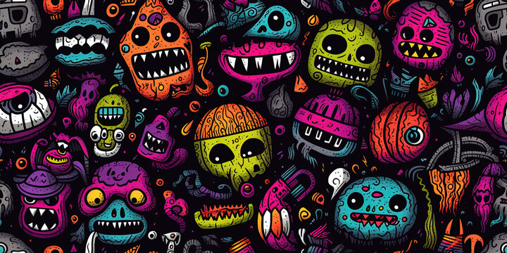 Halloween doodle monsters background - seamless pattern tile