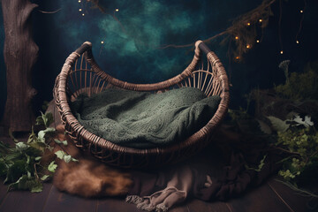 Backdrop for newborn photography with empty wicker basket. AI generated image - 630118268