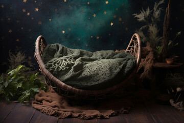 Backdrop for newborn photography with empty wicker basket. AI generated image