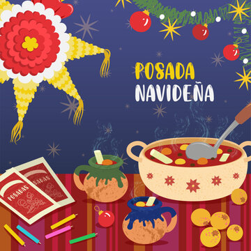 Ilustraci&oacute;n de mesa en una posada de Navidad en M&eacute;xico. Elementos tradicionales como la pi&ntilde;ata, ponche, letan&iacute;a y velitas para pedir posada.