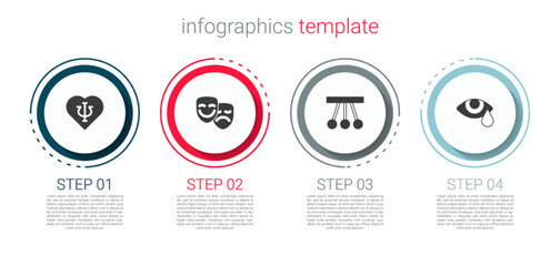 Set Psychology, Psi, Comedy and tragedy masks, Pendulum and Tear cry eye. Business infographic template. Vector