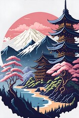 Japan fairy tale landscape. AI generated illustration