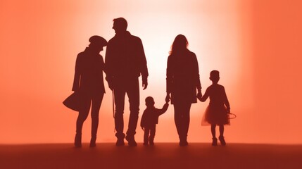 Fototapeta premium background silhouettes of a happy family on the background of a big heart. banner, poster. concept of family and care for each other. 