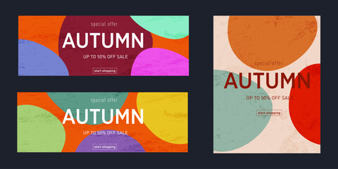 Autumn Design Modern Abstract Set  with Graphic Memphis Element. Background Patterns in Retro Style for Advertising, Web, Social Media, Poster, Banner, Cover. Sale offer 50%. Vector Illustration