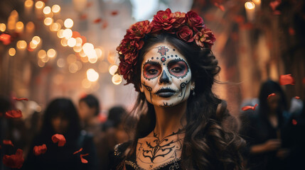 Mexican woman with day of the dead makeup, flowers and skull, mexico holiday