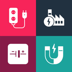Set pop art Magnet, DC voltage source, Nuclear power plant and Electric extension icon. Vector