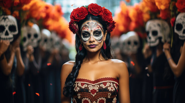 Mexican woman with day of the dead makeup, flowers and skull, mexico holiday