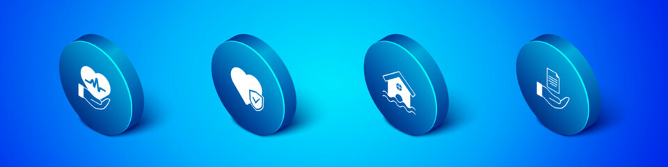 Set Isometric Life insurance, House flood, Contract hand and with shield icon. Vector