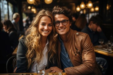 young couple sitting in a street cafe in Paris - people photography