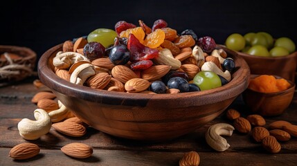 A rustic nut bowl with a snacks, created with Generative AI technology.