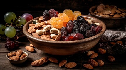 A rustic nut bowl with a snacks, created with Generative AI technology.