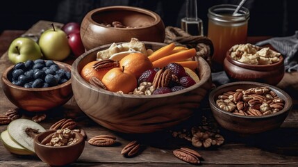 A rustic nut bowl with a snacks, created with Generative AI technology.