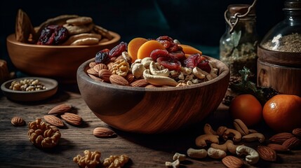 A rustic nut bowl with a snacks, created with Generative AI technology.