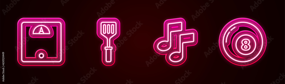 Sticker Set line Bathroom scales, Spatula, Music note, tone and Billiard pool snooker ball. Glowing neon icon. Vector