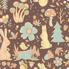 Cute vector woodland bunnies and mushrooms seamless pattern, liitle forest wallpaper © depiano