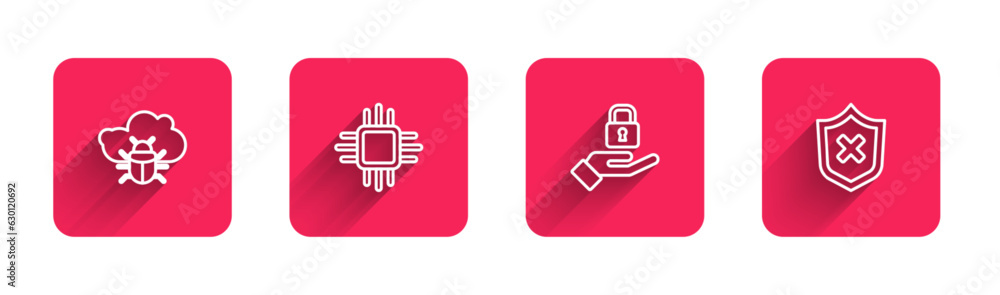 Poster set line system bug on a cloud, processor with microcircuits cpu, lock in hand and shield cross mark