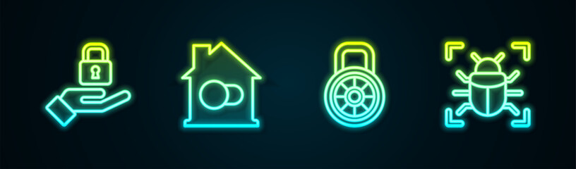 Set line Lock in hand, Smart home, Safe combination lock and System bug. Glowing neon icon. Vector