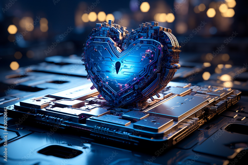Poster robot heart with computer keyboard inside a circuit board,generative ai