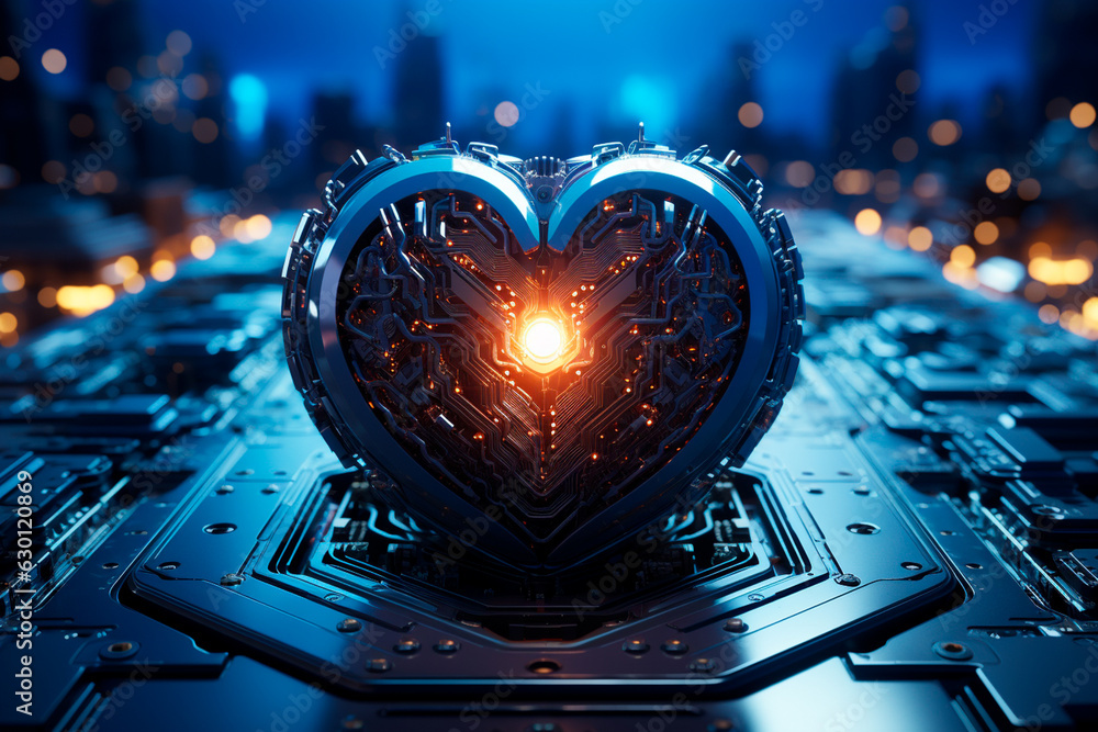 Poster robot heart with computer keyboard inside a circuit board,generative ai