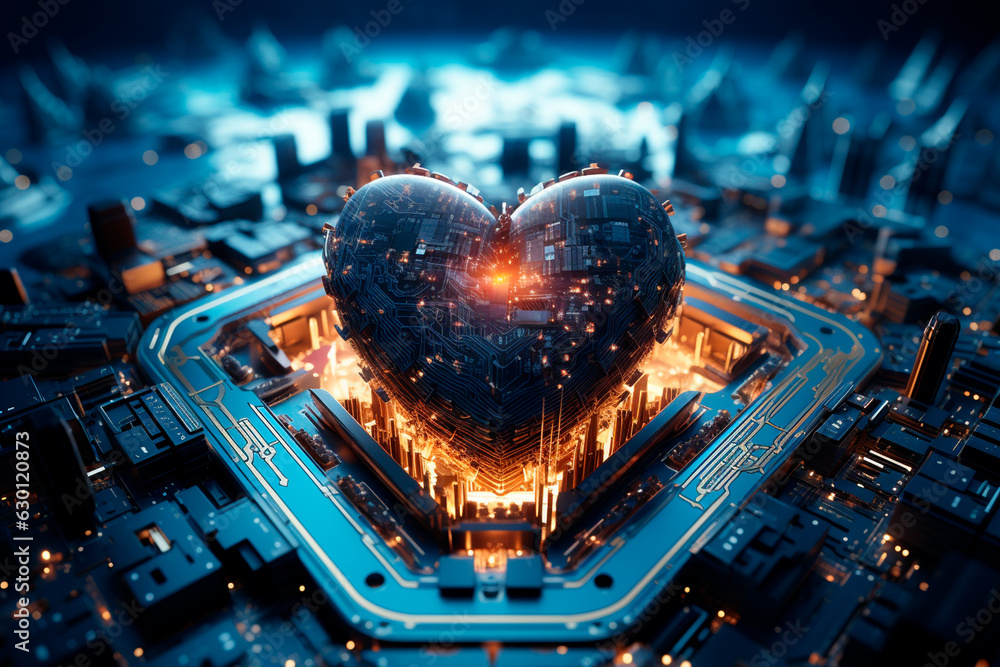 Poster robot heart with computer keyboard inside a circuit board,generative ai