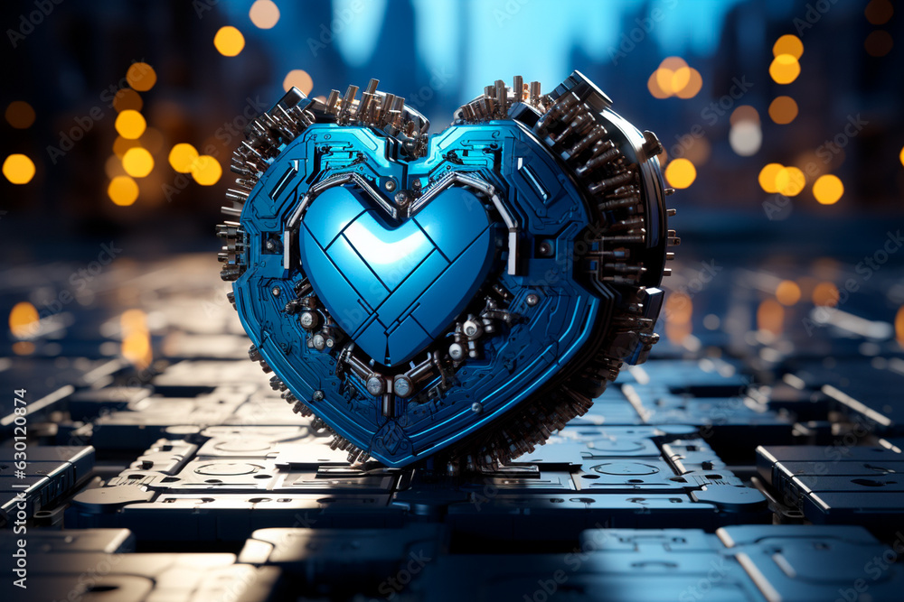 Poster robot heart with computer keyboard inside a circuit board,generative ai