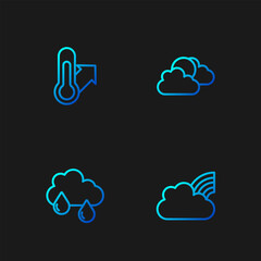 Set line Rainbow with clouds, Cloud rain, Meteorology thermometer and Sun and weather. Gradient color icons. Vector