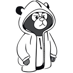 rapper grizzly bear with hoodie on, vector illustration doodle line art
