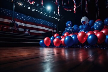 presidential campaign hall decorated with american flags and balloons with the symbols of the american flag.preparation with elections.the concept of elections and the free will of the people.  - obrazy, fototapety, plakaty