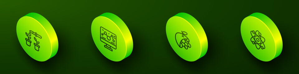 Set Isometric line Pipette and plant, Genetic engineering modification, Biological structure and Atom icon. Vector