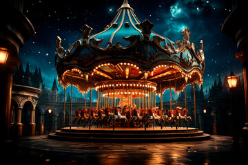 night scene of big city with big carousel in the park. high quality photo,Generative AI - obrazy, fototapety, plakaty