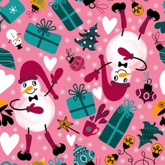 Cartoon Christmas snowman seamless gift box and tea and illumination bulbs and mittens and balls pattern