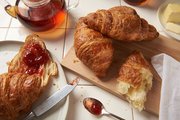 croissant with jam and tea