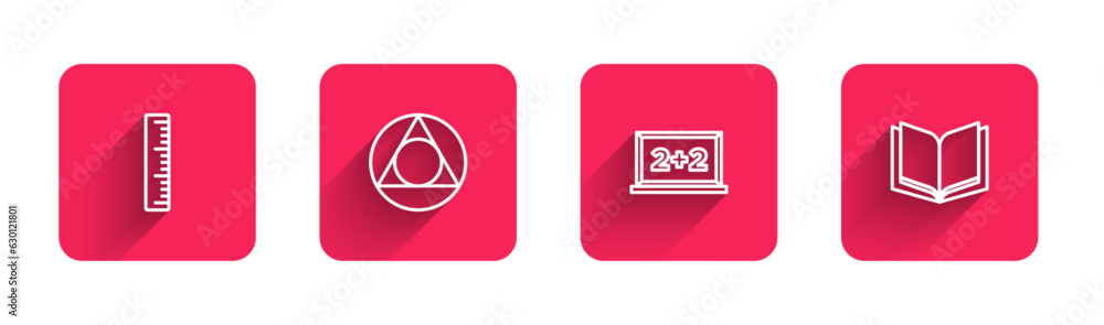 Poster set line ruler, triangle math, chalkboard and open book with long shadow. red square button. vector