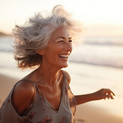 Fototapeta na wymiar Happy mature woman at the beach. Generative AI