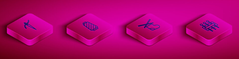 Set Isometric line Needle with thread, Sewing on spool, Knitting needles and for sewing icon. Vector