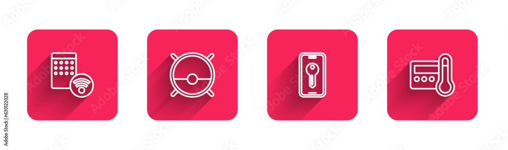 Poster set line air humidifier, robot vacuum cleaner, smart key and thermostat with long shadow. red square