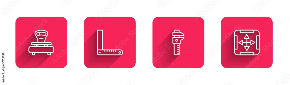 Poster set line scales, corner ruler, calliper caliper and scale and area measurement with long shadow. red