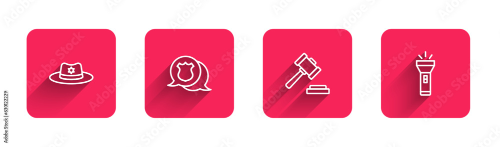 Poster set line sheriff hat with badge, police, judge gavel and flashlight with long shadow. red square but