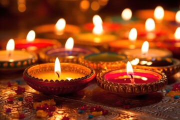 Obraz na płótnie Canvas Happy Diwali, Diya lamps are lit during Diwali celebrations, a traditional rangoli design is created. Generative AI. 